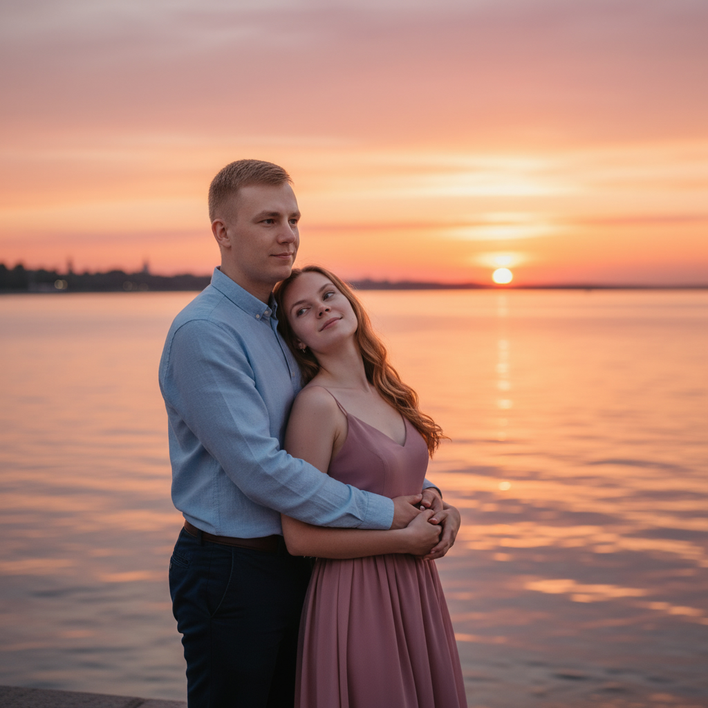 На берегу реки при закате